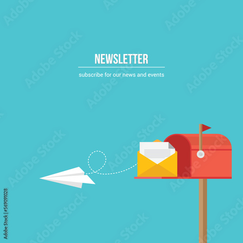 Newsletter. vector illustration of email marketing. subscription to newsletter, news, offers, promotions. a letter and envelope. subscribe, submit. send by mail.	
