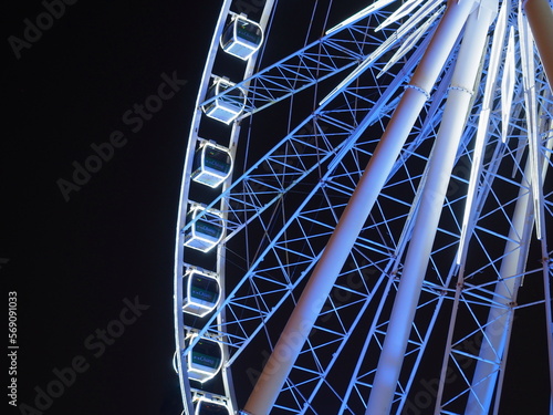 BANGKOK - February 5: Night scene of the Large Ferris wheel in Asiatique, open outdoor community shopping mall in Bangkok, Thailand, under dark night sky, on February 5, 2023.
