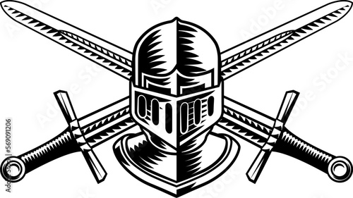 A knight helmet armor helm and crossed swords in a vintage woodcut etching style
