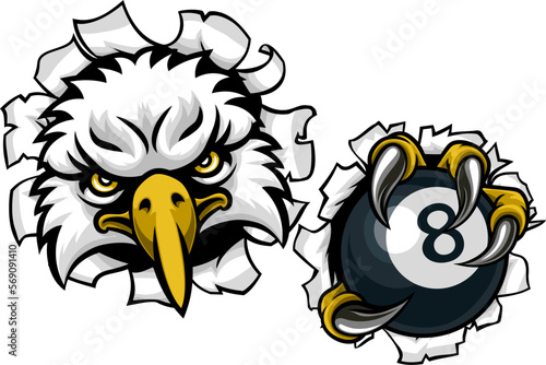 An eagle angry mean pool billiards mascot cartoon character holding a black 8 ball.
