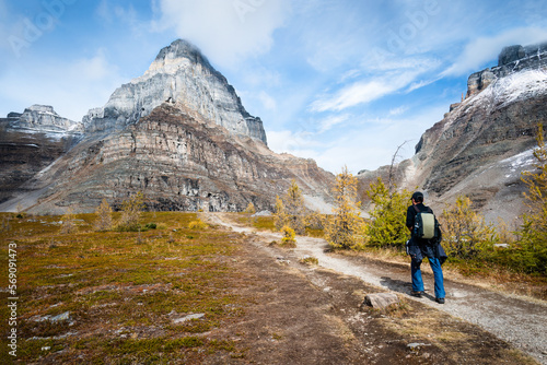 Hiking the Valley of Ten Peaks track in autumn, Banff national Park. Canada. photo