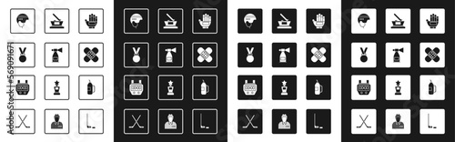 Set Hockey glove, Air horn, Medal, helmet, Crossed bandage plaster, Ice hockey cup champion, Fitness shaker and Stopwatch icon. Vector