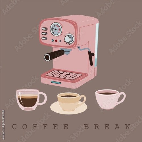 Modern coffee machine in retro style with three cup of coffee. Equipment for making espresso drink. Coffee break. Hand drawn vector illustration isolated on brown background. Flat style.
