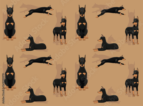 Dog Doberman Pinscher Cute Cartoon Poses Seamless Wallpaper Background