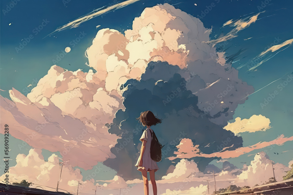 Girl on the road with big sky view. Evening sunset wallpaper background ...