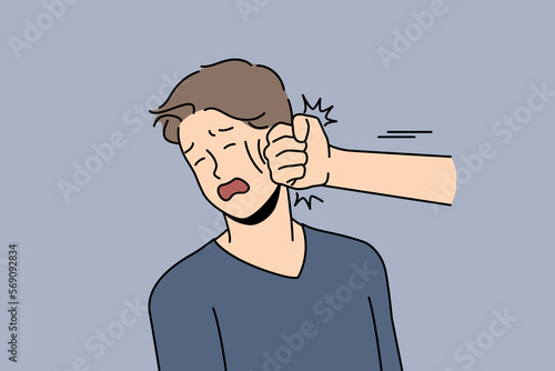 Hand punching unhappy young man in face. Stressed desperate guy get punched in fight or argument. Physical strength and violence. Vector illustration. 