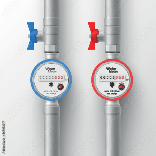 Cold and hot water counter vertical meter pipe control realistic vector illustration
