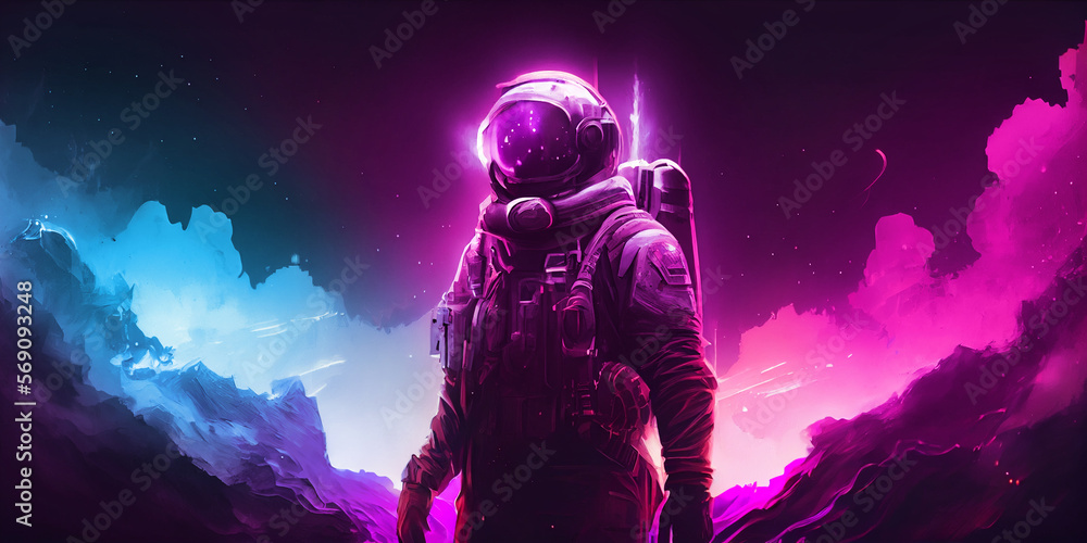 Obraz premium 3D illustration of man in space suit inside softly glowing pink and blue galactic cloud. Peaceful galaxy astronaut. Retrowave. Generative Ai.