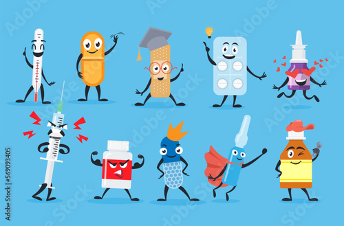 Medical pills drugs antibiotic supply characters emoji set vector flat pharmacy medicine mascot