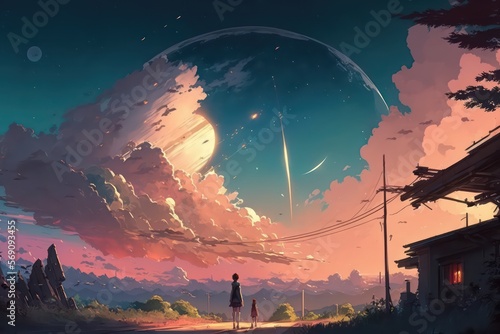 Girl look at the horizon in evening time with sunset light flare. Beautiful sky in anime art style. Big sky view with light from sunset. Anime girl. Digital art style. Illustration painting.  © SaraY Studio 