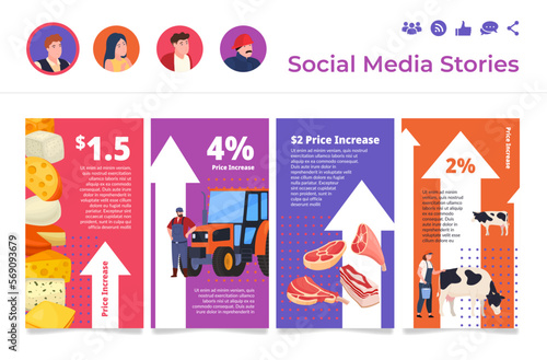 Price increase internet advertising mobile interface social media stories set vector illustration