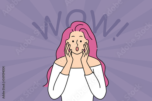Stunned young woman with pink hair make facial expression feeling shocked and surprised. Amazed girl show wow gesture amazed with news. Vector illustration. 