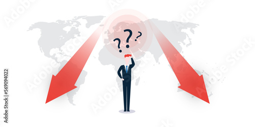 Global Economic Down Fall Due to War, Inflation and Energy Crisis - Design Concept with Uncertain Businessman, World Map, Arrows Showing Slowdown a Steep, Decrease of Profits, Weakening Results