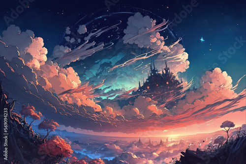 Magic castle in the cloud on the sky. Fantasy skyland anime art style. Digital art style. Illustration painting. Generative AI.