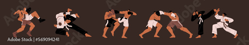 Fighters athletes wrestling, fighting. Martial arts set. Greco-Roman, boxing, judo, karate, Muay Thai wrestlers in battle, tournament, attacking positions. Isolated flat vector illustrations