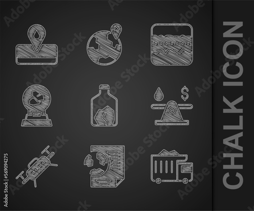 Set Ore mining, Earth globe with document, Mining dump truck, Oil money, Drone, Exhibition minerals, rocks, Soil ground layers and Oilfield icon. Vector