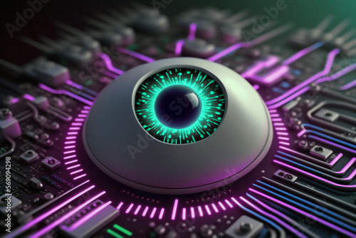 cyber human robot eye attached installed to electronic cyber board on digital background and watching, new quality universal colorful joyful technology stock image illustration design generative ai
