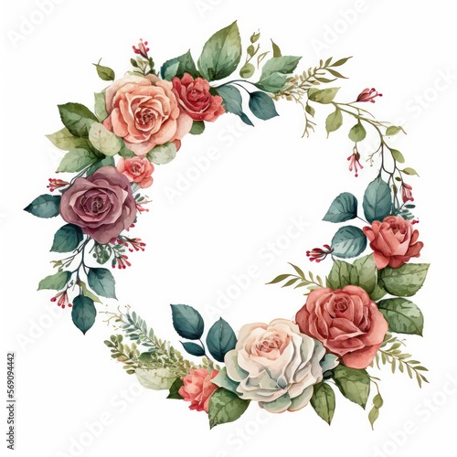 Roses wreath. Rose watercolour wreath on white background. Decoration for greeting card. Flora with roses circle wreath. Generative AI.