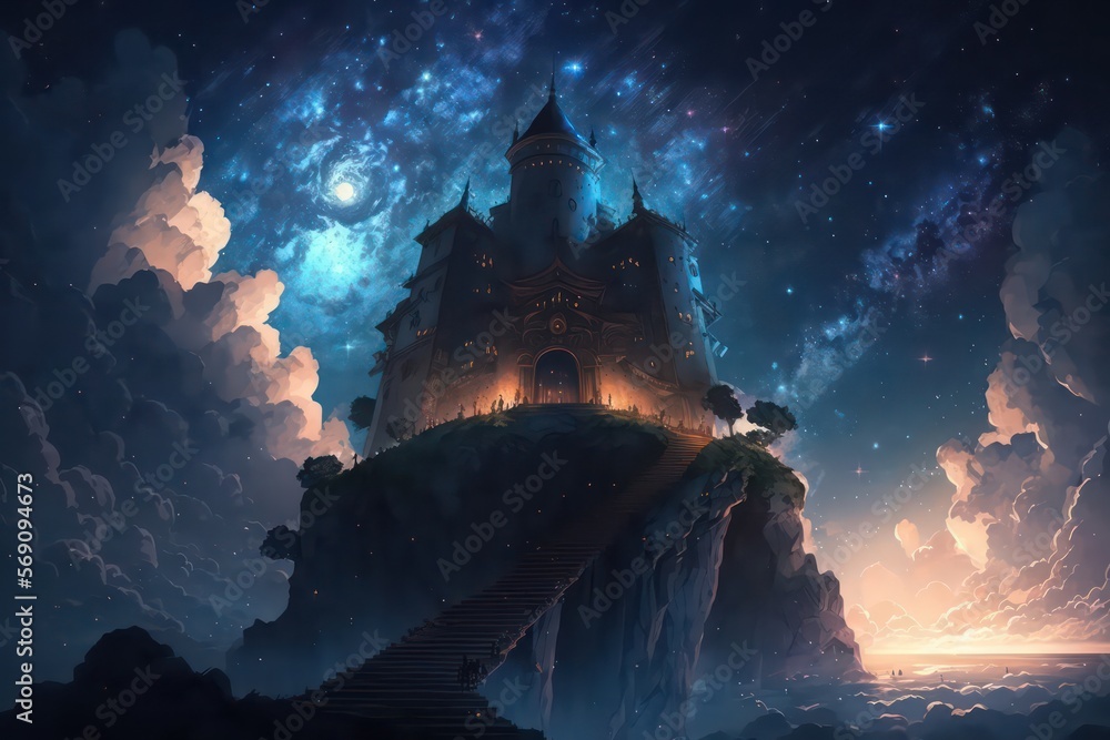 Beautiful castle in the night with stars on the sky. Anime wallpaper  background. Beautiful starry night. Magic palace. Digital art style.  Illustration painting. Generative AI. Stock Illustration | Adobe Stock
