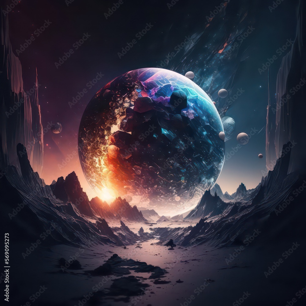 Fantasy colorful planet in universe. Abstract universe fantasy wallpaper background. Huge planet with fantasy color theme. Generative AI.