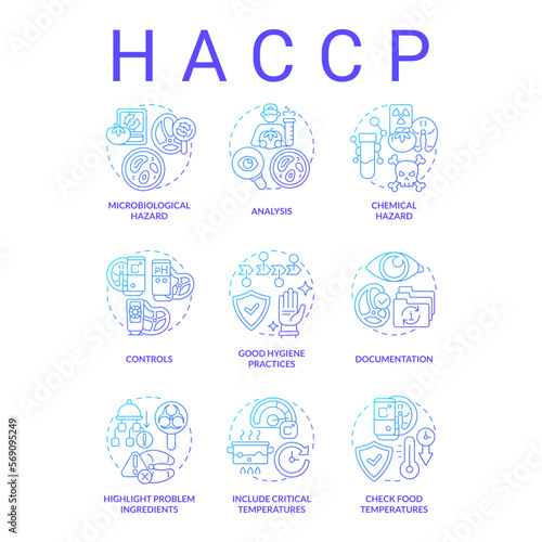 HACC blue gradient concept icons set. Risk prevention. Hazard analysis critical control point idea thin line color illustrations. Isolated symbols. Roboto-Medium, Myriad Pro-Bold fonts used