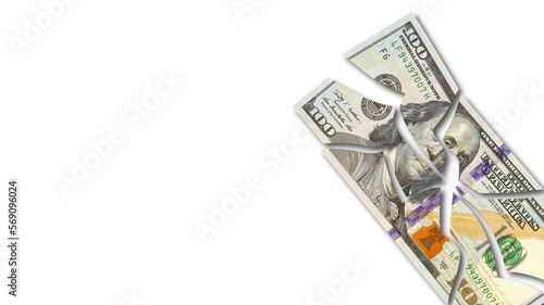 Broken US paper money on a white background. Banknotes of 100 dollars with shadows. Illustration, economic banner template