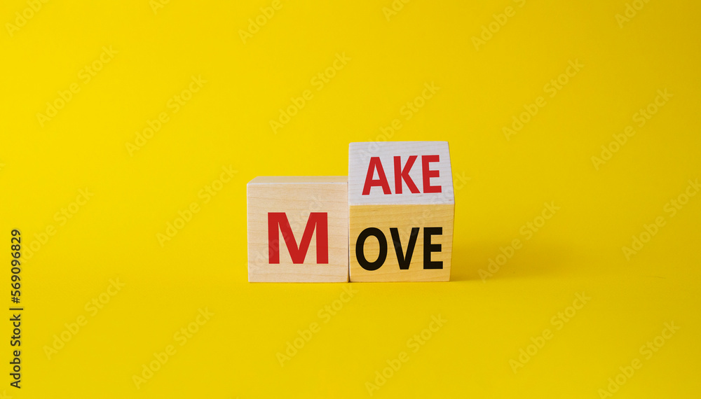 Make your Move symbol. Turned wooden cubes with words Make Move. Beautiful yellow background. Business and Make your Move concept. Copy space Make your Move symbol. Turned wooden cubes with words Make Move. Beautiful yellow background. Business and Make your Move concept. Copy space