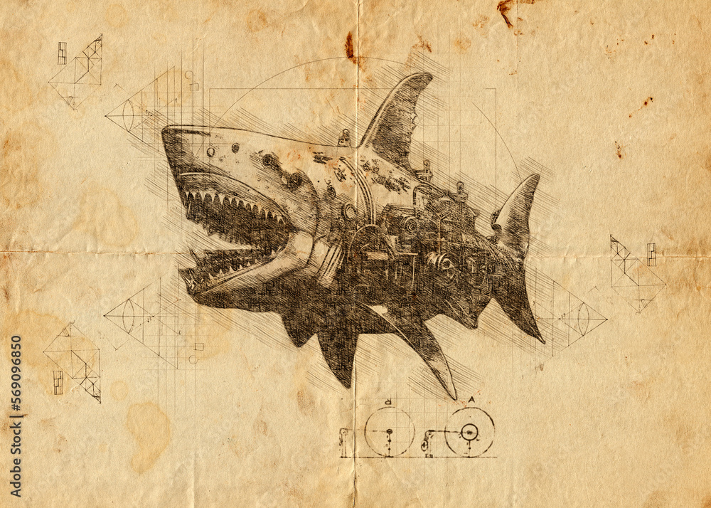 Hand drawn sketch of a shark robot Stock Illustration | Adobe Stock
