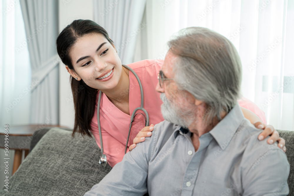 Nurse with patient in empathy at nursing home,Trust and support of help,Advice and healthcare consulting,Kounseling and medical therapy with doctor for hope. Nurse with patient in empathy at nursing home,Trust and support of help,Advice and healthcare consulting,Kounseling and medical therapy with doctor for hope.