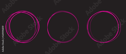 Fuchsia circle line hand drawn set. Highlight hand drawing circle isolated on background. Round handwritten circle. For marking text, note, mark icon, number, marker pen, pencil and text check, vector