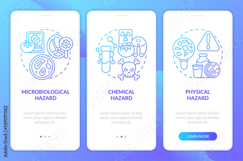 Food safety hazard blue gradient onboarding mobile app screen. Health walkthrough 3 steps graphic instructions with linear concepts. UI, UX, GUI template. Myriad Pro-Bold, Regular fonts used
