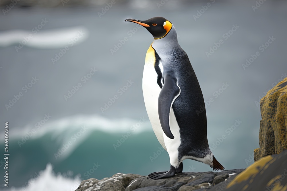 Obraz premium a penguin standing on a rock next to the ocean with a wave in the background and another bird standing on the rocks looking at the water. generative ai