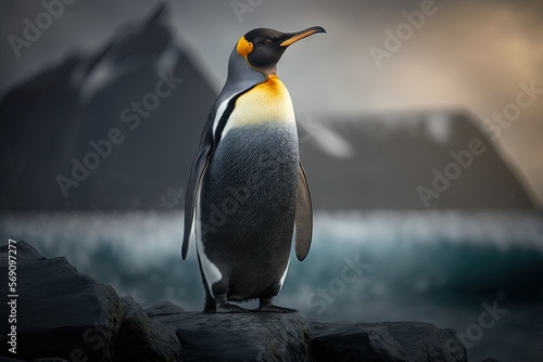  a penguin stands on a rock in front of a mountain range with a body of water in the foreground and a mountain range in the background.  generative ai