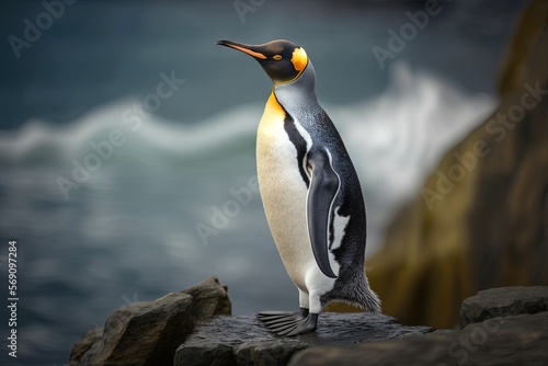  a penguin standing on a rock next to a body of water with a wave in the background and a rock outcropping in the foreground. generative ai