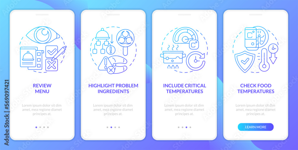 HACCP on practice blue gradient onboarding mobile app screen. Risk analysis walkthrough 4 steps graphic instructions with linear concepts. UI, UX, GUI template. Myriad Pro-Bold, Regular fonts used