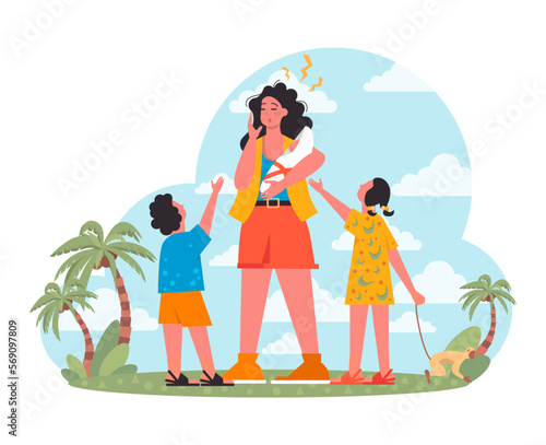 Mother get tired of naughty whining children. Bad vacation experience.