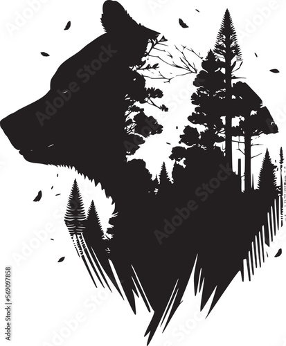 Black and white bear silhouette with trees