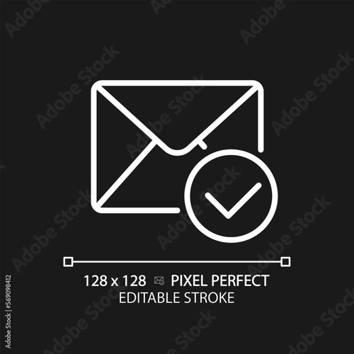 Envelope with checkmark pixel perfect white linear icon for dark theme. Email notification sign. Communication technology. Thin line illustration. Isolated symbol for night mode. Editable stroke