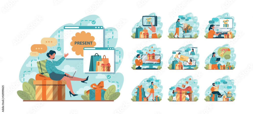 Happy people with gift boxes set. Character holding, recieving or giving Happy people with gift boxes set. Character holding, recieving or giving