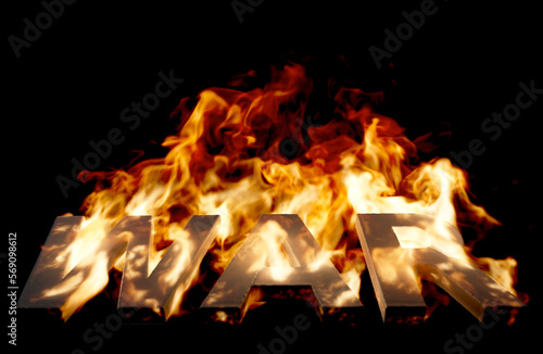 Low-angle view of WAR Word on Fire with High Flames on Black
