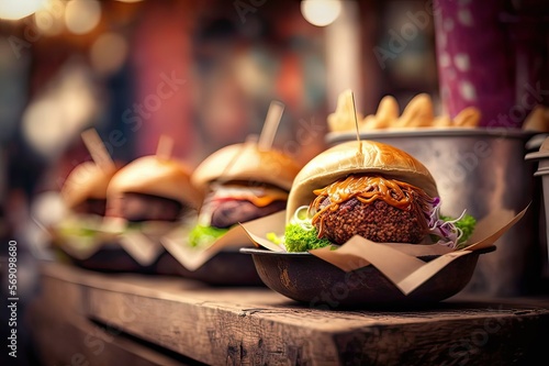 Delicious Fried Pork Burgers on Sale at Outdoor Food Market - Perfect for a Quick Bite!. Generative AI