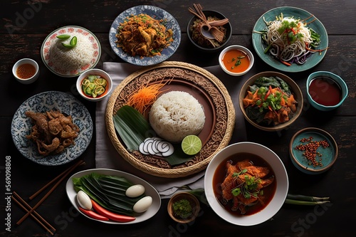 Experience the Delicious Variety of Malaysian Cuisine at the Food Table. Generative AI