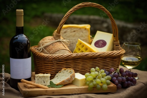 a basket of cheese, bread, and wine on a table with a bottle of wine and a glass of wine on the side of the table. generative ai