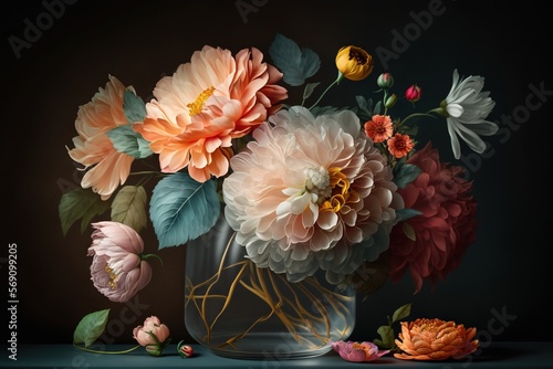  a vase filled with lots of flowers on a blue table cloth next to a flower arrangement on a table top with a black background behind it.  generative ai