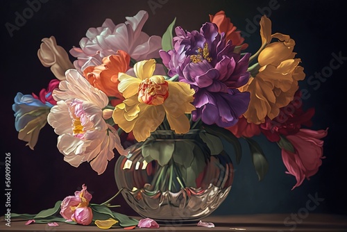  a painting of flowers in a vase on a wooden table with a black background and a few pink, yellow, and purple flowers in the vase.  generative ai