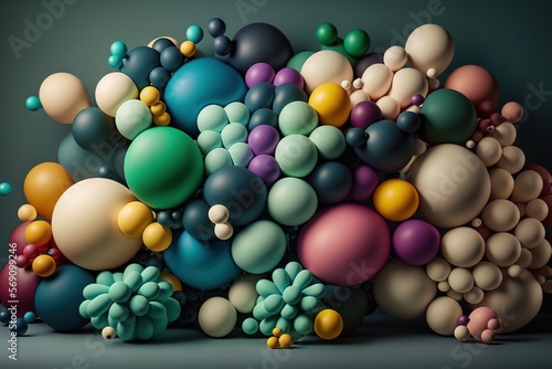  a large group of balloons floating in the air with a black background and a green and yellow balloon in the middle of the photo with a black background. generative ai © Anna