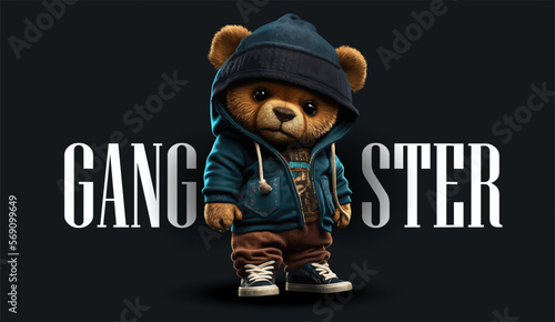 Cute, funny teddy bear in a cap and with a chain on a black background. Gangster kars slogan with a bear doll. Vector illustration photo