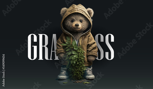 Plush cute bear doll in an embrace with a marijuana bush on a black background. For street style t shirt design graphic. Vector illustration