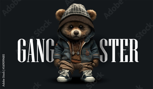 Cute, funny teddy bear in a cap and with a chain on a black background. Gangster kars slogan with a bear doll. Vector illustration