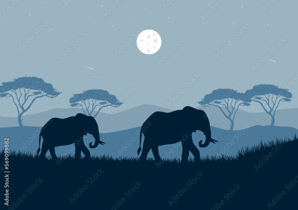 Elephants in the savannah at night. Vector illustration. Elephants in the savannah at night. Vector illustration.